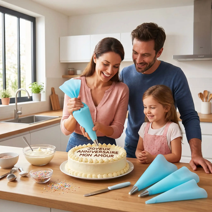 madame décore gâteau avec poche à douille