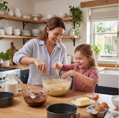 madame fille préparent gâteau dans cul-de-poule