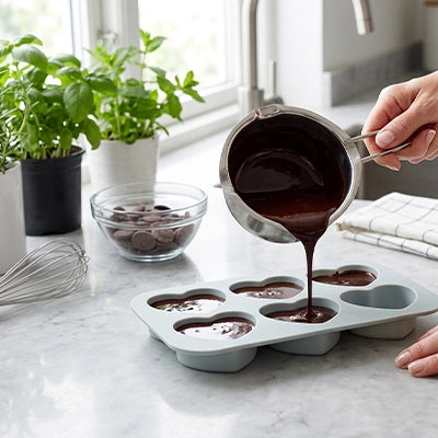 madame prépare chocolat dans moule pour chocolat