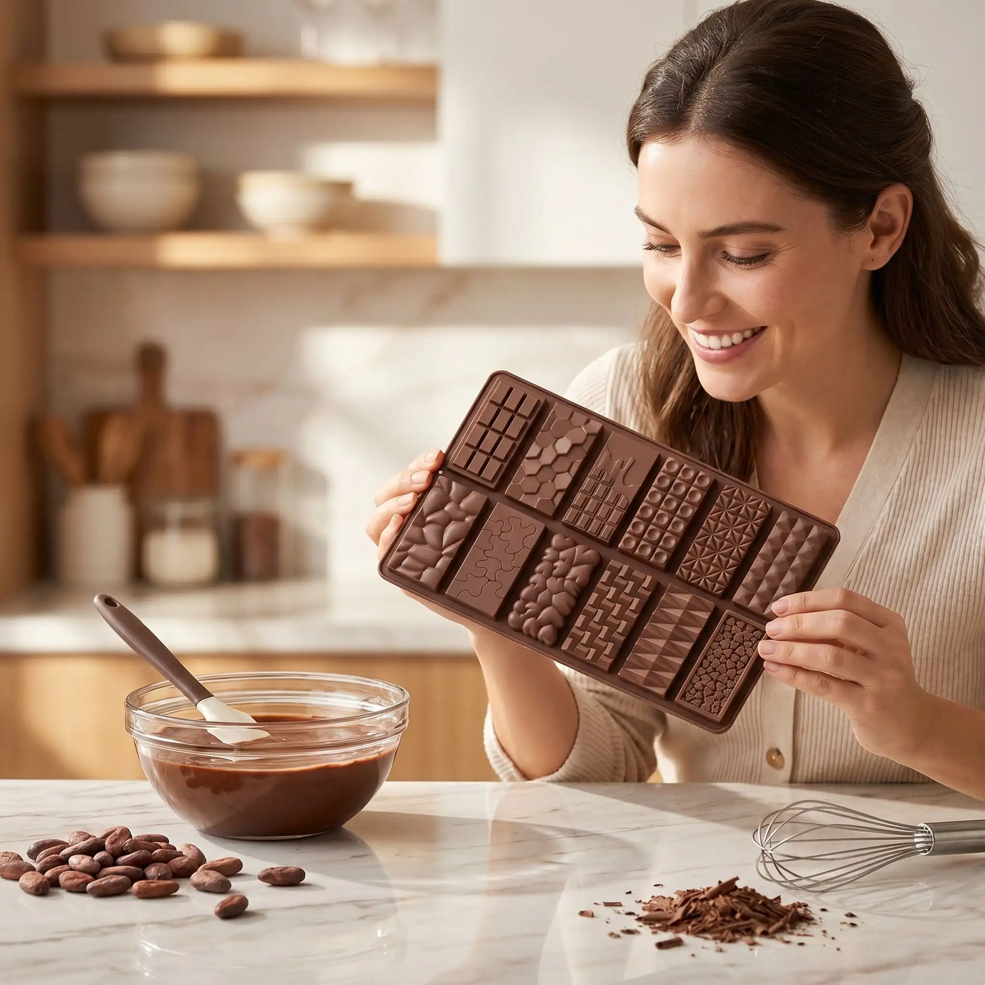 madame prépare chocolat dans moule tablette chocolat