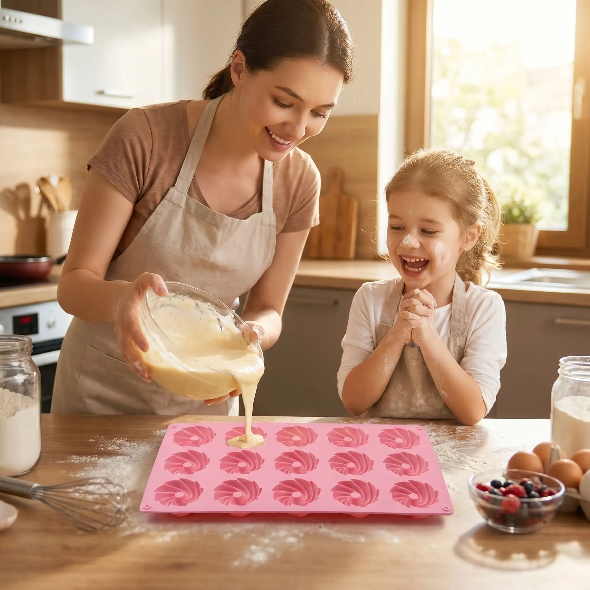 madame prépare dans moule gateau-en silicone