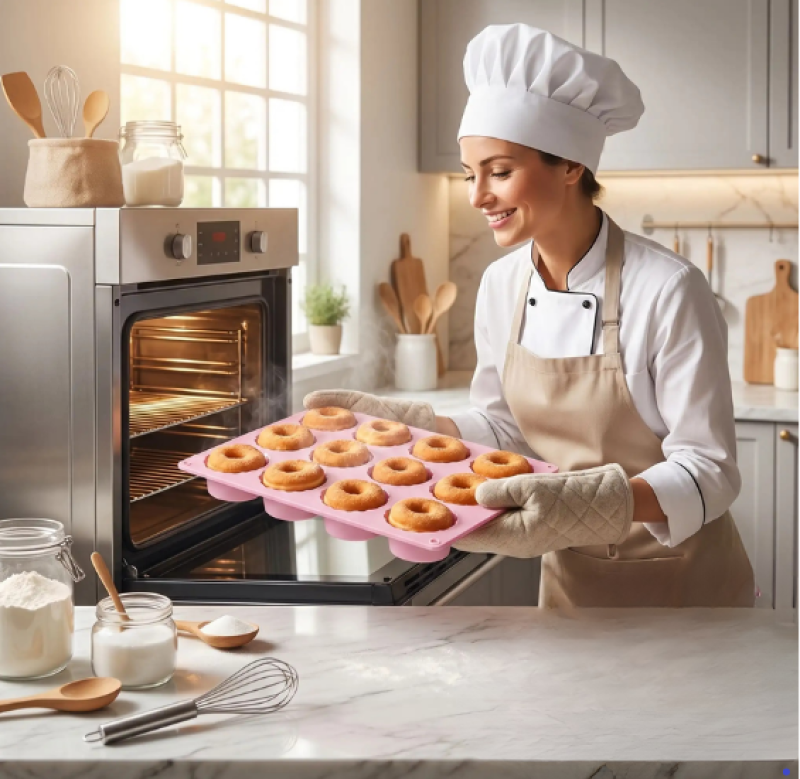 madame prépare donuts dans moule gateau en silicone