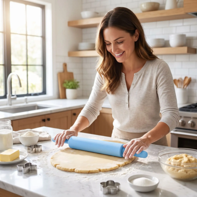 madame satisfaite avec rouleau patisserie silicone