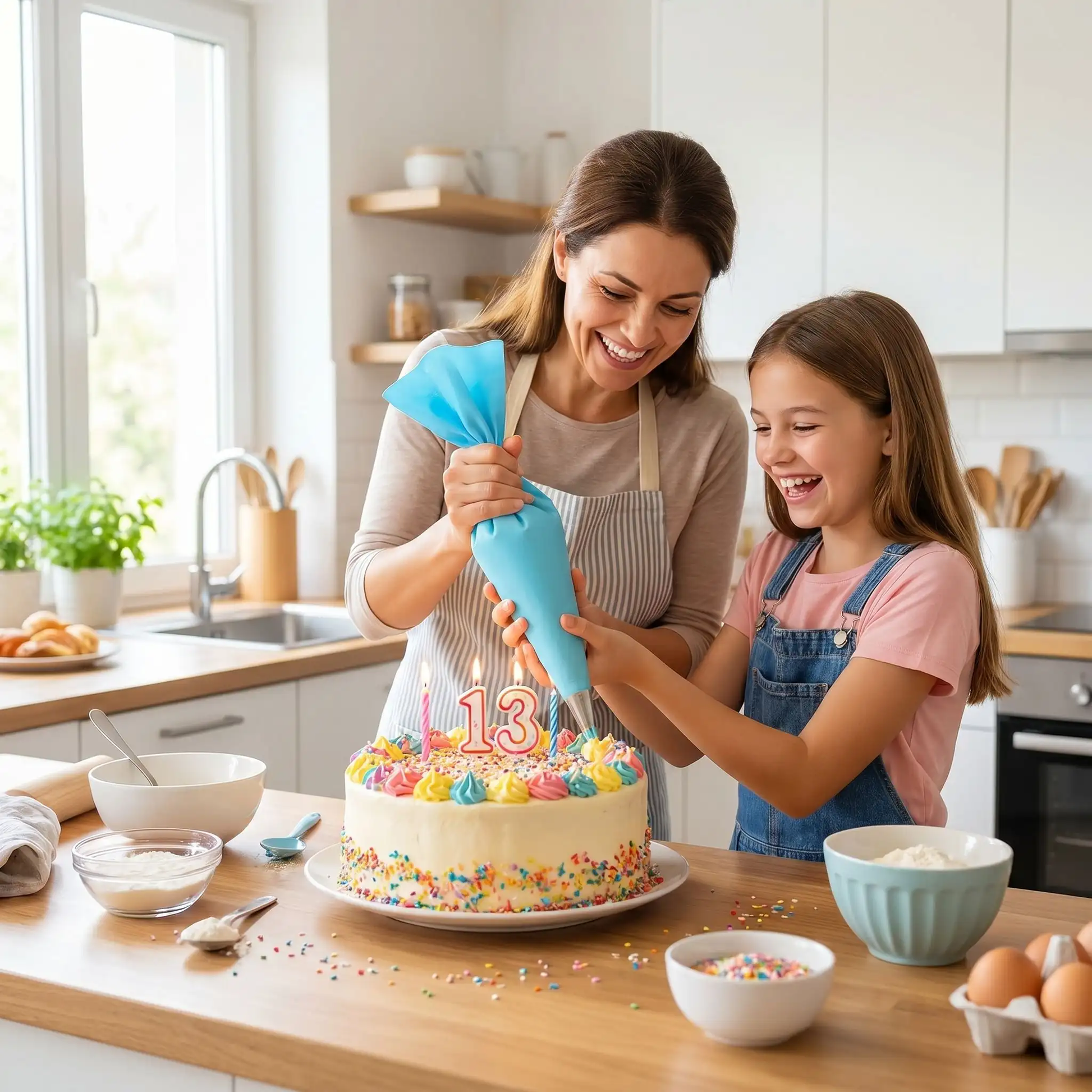 maman décore gâteau avec poche à douille