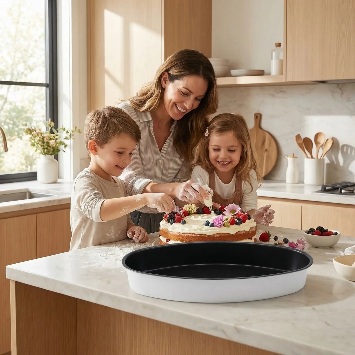 maman deux enfants decorent moule a gateau ovale