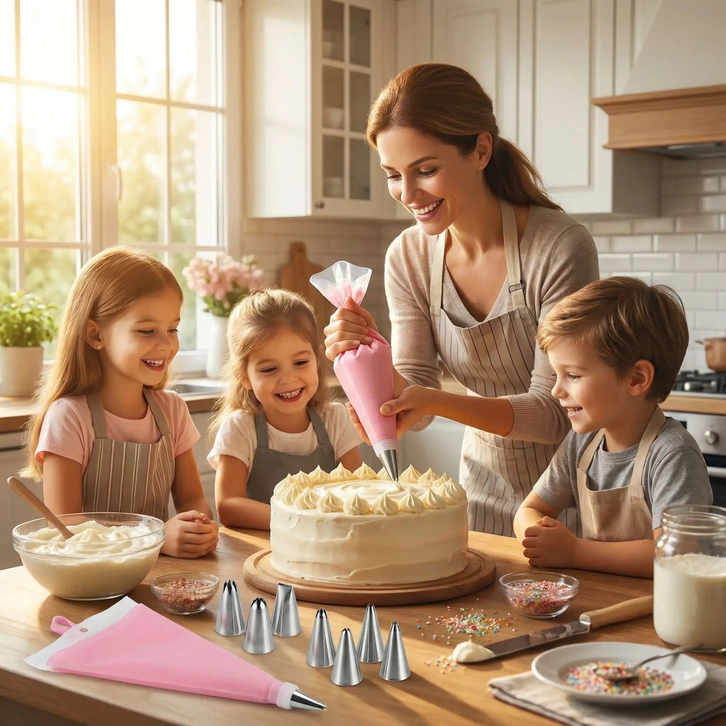 maman enfants decorent gateau avec poche à douille