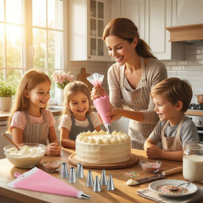 maman enfants décorent gâteau avec poche à douille