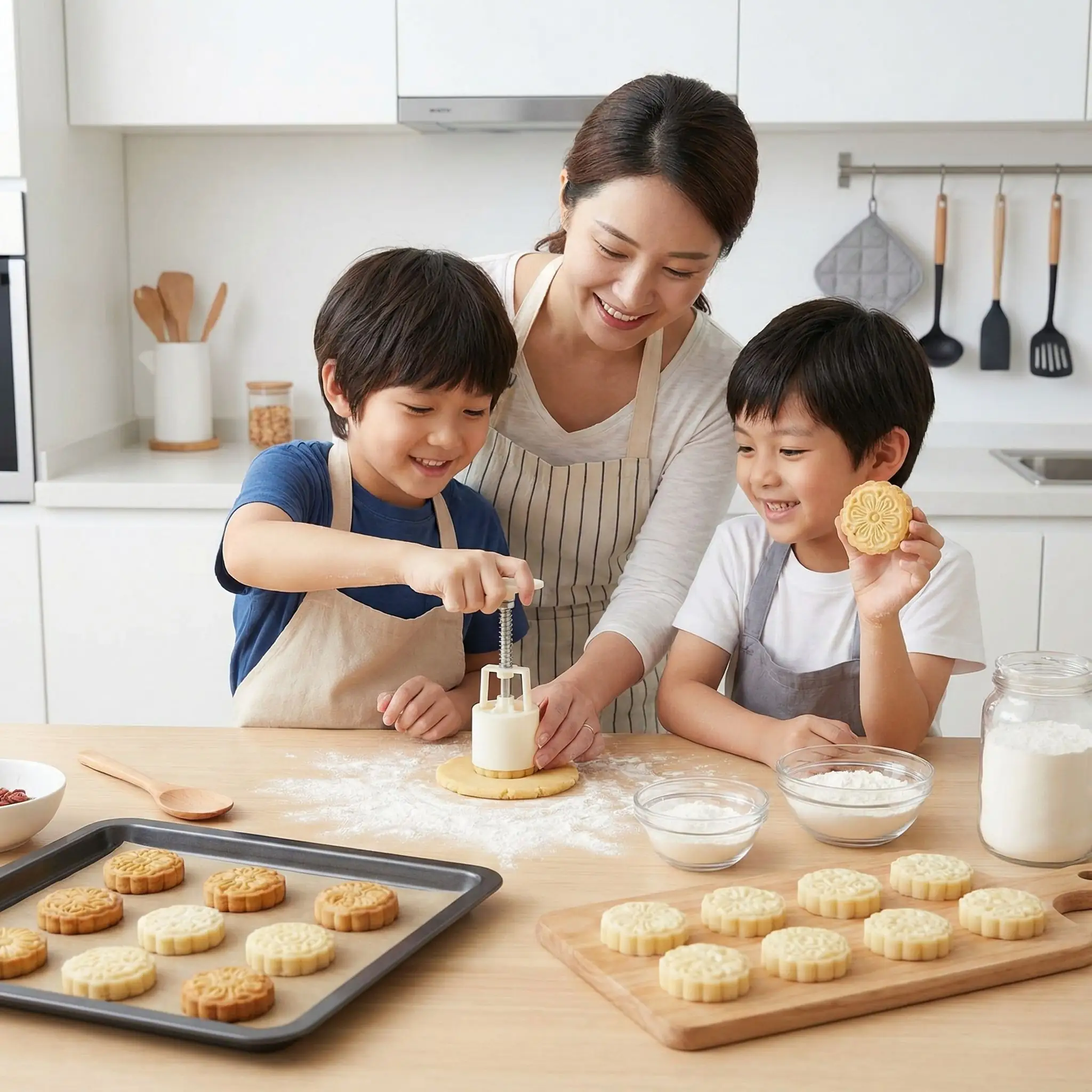 maman enfants préparent biscuits avec emporte piece
