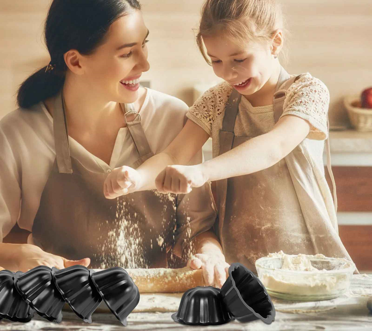 maman et fille prépare gateau dans moule a gateau