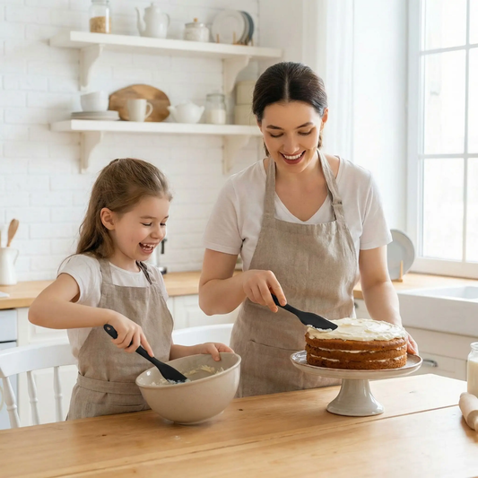 maman étale la crème avec spatule