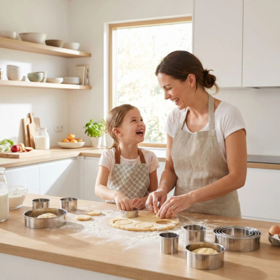 maman fille préparent sablés avec emporte piece rond