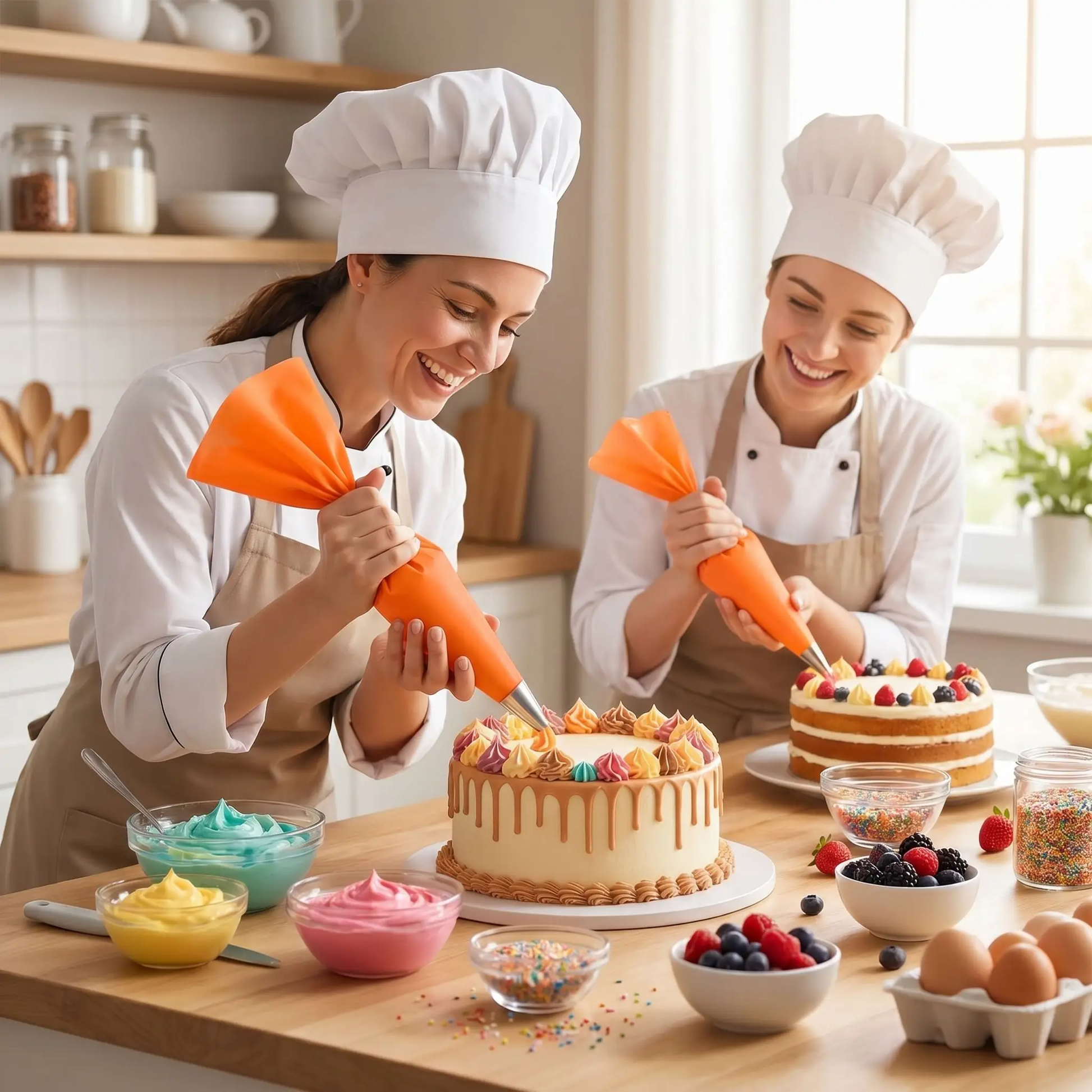 mesdames décorent gâteau avec poche a douille