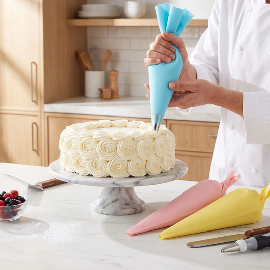monsieur décore gâteau avec poche à douille bleu silicone