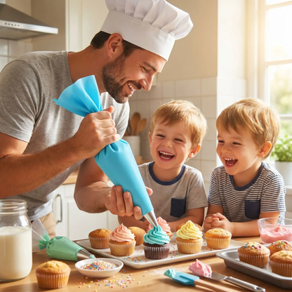 papa décore cupcakes avec poche à douille