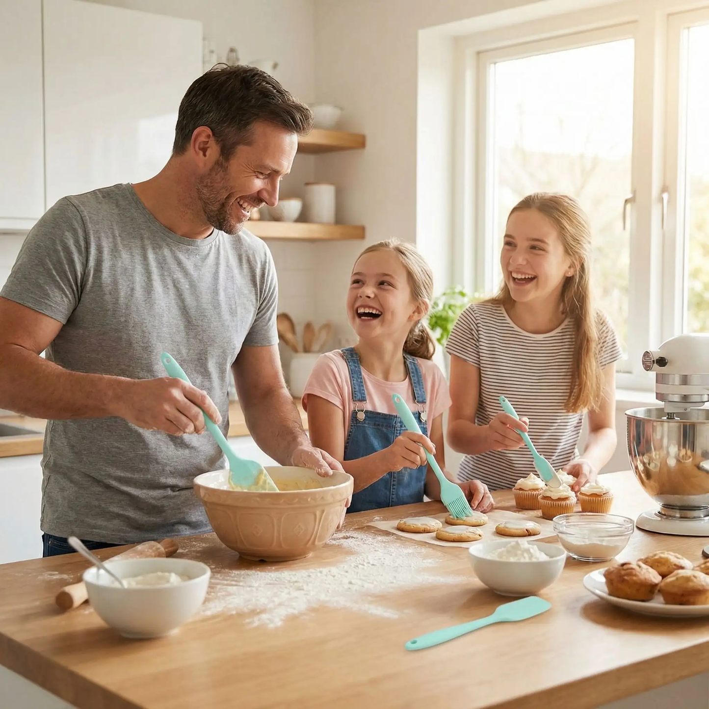 papa filles préparent muffins avec spatule