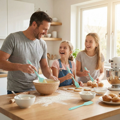 papa filles préparent muffins avec spatule