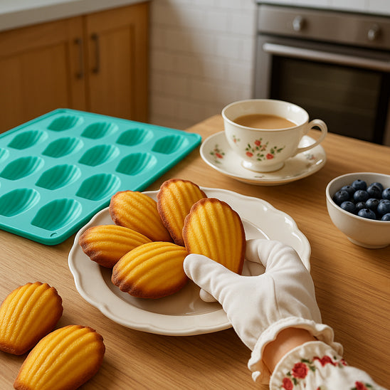 sur table assiette de madeleines et moule a madeleine